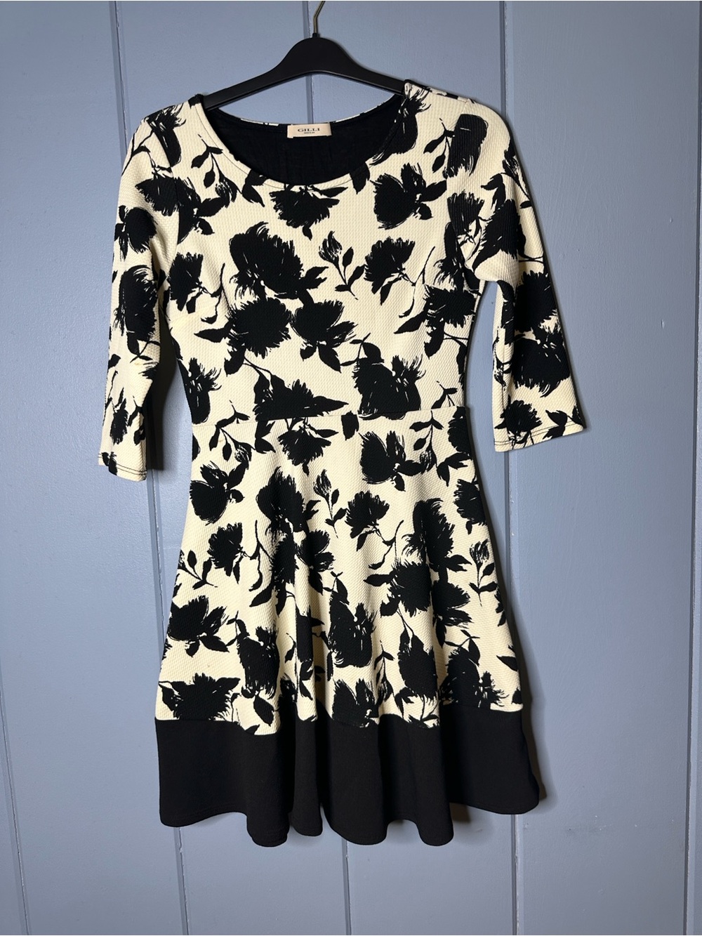 Cream and Black Floral Fit-and-Flare Dress by Gilli